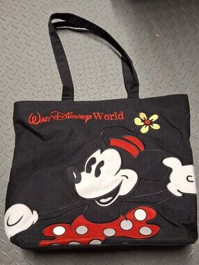 New DISNEY Minnie Mouse Tote Bag Walt Disney World Embroidered Large Black 18x15